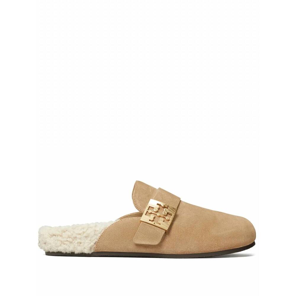 Tory Burch Tan Suede Shearling Mule with Gold Buckle